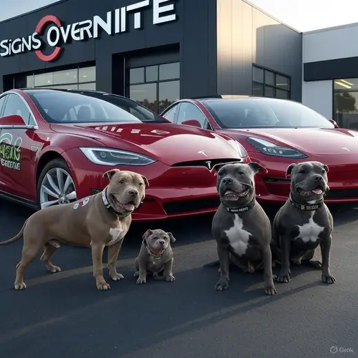 Signs OverNITE shop front with wrapped Tesla fleet cars and the shop dogs