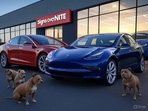 Signs OverNITE storefront with a blue wrapped Tesla and red car parked in front