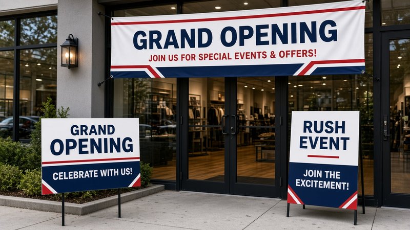 Grand opening banner and signs outside a business