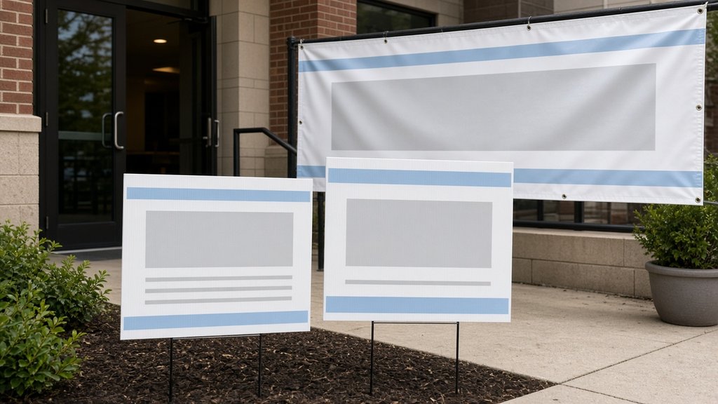 Yard signs and banners staged for a rush event setup